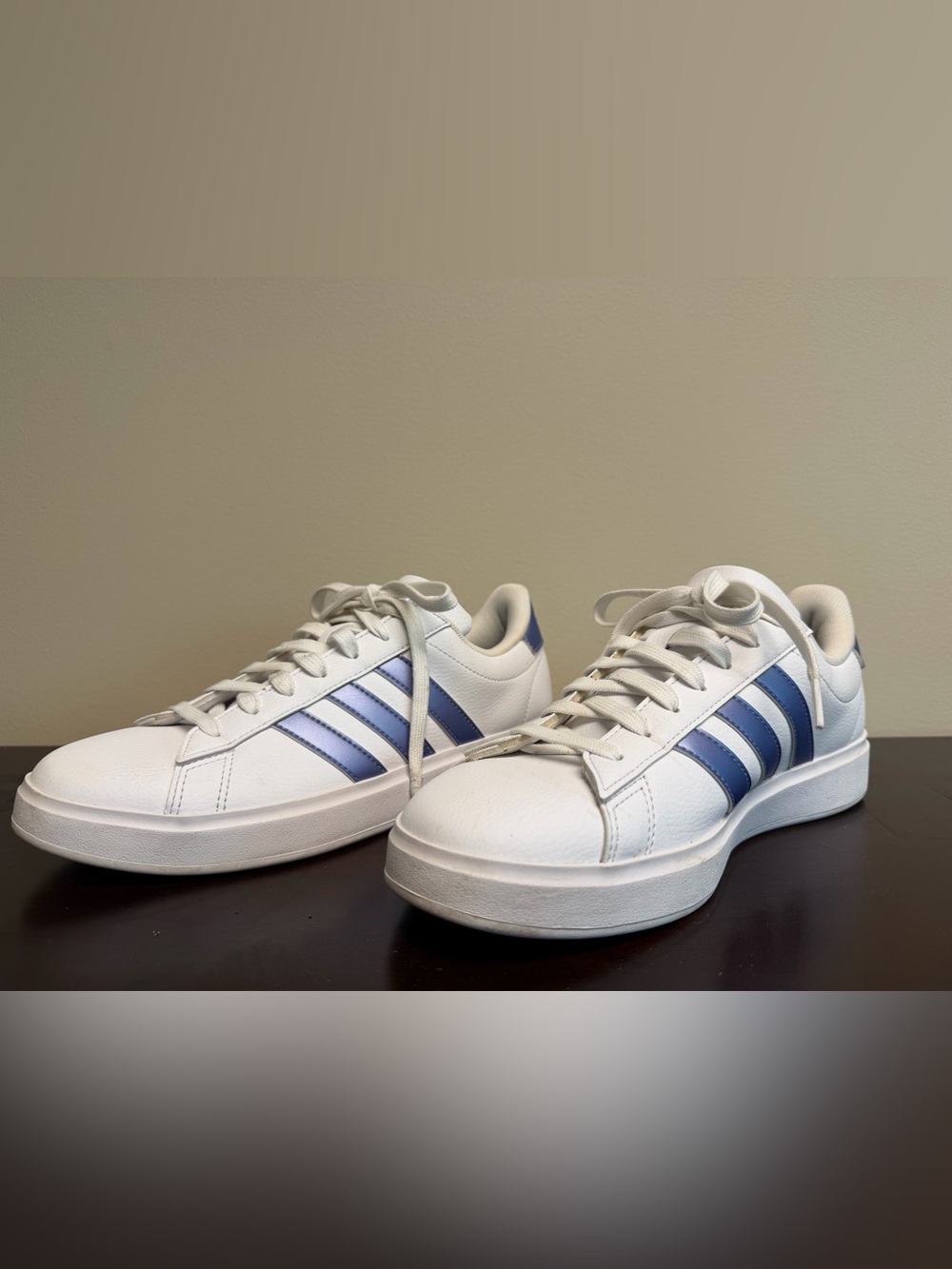 adidas White Sneakers with Blue/Silver Stripes - Women's Low Top